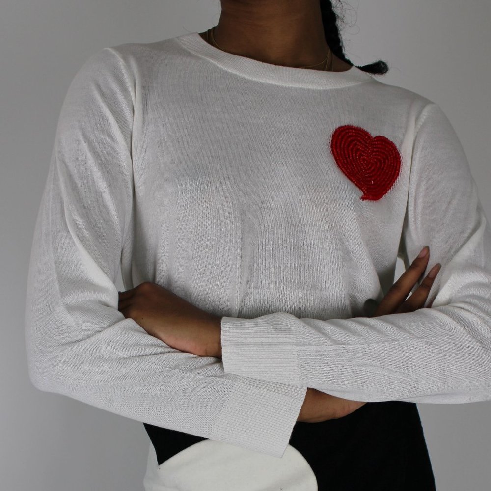 Ivory and red or black and yellow anti pill sequin heart knit top